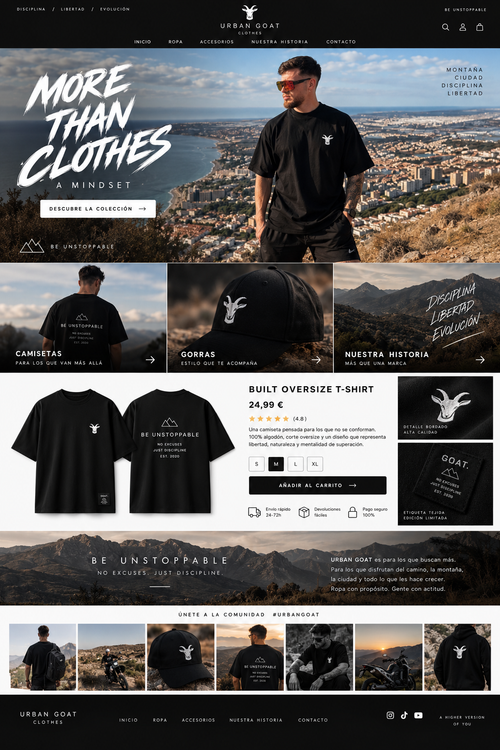 Concepto visual de homepage Urban Goat Clothes con estética outdoor y streetwear